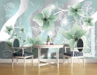 Светлые флизелиновые фотообои 416x254 см Зеленые цветы на белых стеблях (1239VEXXXL)+клей