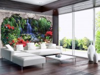 3д флизелиновые фотообои 368x254 см Водопад в джунглях за бетонной стеной (2242V8)+клей