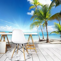 Флизелиновые морские фото обои на стену Океан Пейзаж 416x254 см 3Д Солнечный пляж и пальмы (735VEXXXL)+клей