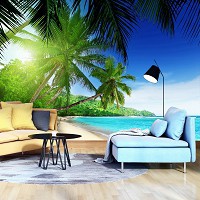 Флизелиновые фотообои Океан Пейзаж Большие пальмы 368x254 см 3Д Солнечный морской пляж (736V8)+клей
