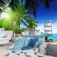 Большие пальмы флизелиновые фотообои Океан Пейзаж 312x219 см 3Д Солнечный морской пляж (736VEXXL)+клей