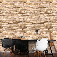 Флизелиновые фотообои под кирпич на кухне 312x219 см Стена из декоративного светло-коричневого камня (761VEXXL) +клей