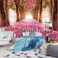 Флизелиновые фотообои в гостиную Природа Аллея 254x184 см Ковер из розовых лепестков в лесу (851V4)+клей
