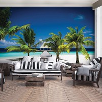 Флизелиновые фотообои отдых на море 416x254 см 3д Бунгало у океана и пальмы на пляже (891VEXXXL)+клей