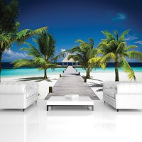 Готові флізелінові фотошпалери Море Природа Краєвид 254x184 см 3д Бунгало біля океану та пальми на пляжі (891V4)+клей
