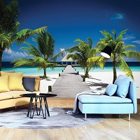 Флизелиновые фото обои в морском стиле Природа Пейзаж 368x254 см 3д Бунгало у океана и пальмы на пляже (891V8)+клей