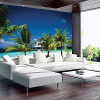 Флізелінові фотошпалери Море Природа Краєвид 312 x 219 см 3д Бунгало біля океану та пальми на пляжі (891VEXXL)+клей