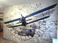 Флизелиновые фотообои в детскую мальчика 416x254 см Самолет вылетает из 3Д кирпичной стены (10407VEXXXL)+клей - вид 8 миниатюра