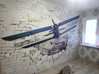 Флизелиновые фотообои в детскую мальчика 416x254 см Самолет вылетает из 3Д кирпичной стены (10407VEXXXL)+клей - вид 9 миниатюра