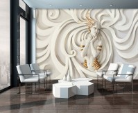 Фотообои 3д Барельеф в интерьере 368х254 см Скульптура девушки с золотыми украшениями (3043P8)+клей