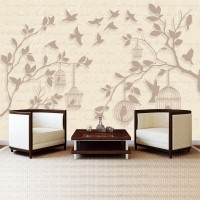 Флизелиновые фотообои на стену 254x184 см Птички и ветки деревьев на светло-бежевом фоне (2777V4)+клей