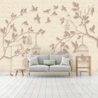 Флизелиновые фотообои для зала 368x254 см Птички и ветки деревьев на светло-бежевом фоне (2777V8)+клей