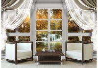 Флизелиновые 3д фотообои 312x219 см Вид из большого окна со шторами на осенний водопад (10621VEXXL) +клей