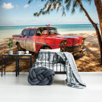 Флизелиновые 3д фотообои отдых на море 368x254 см Старая красная машина на пляже (11981V8) +клей