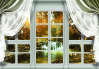 Флизелиновые 3д фотообои природа 368x254 см Вид из большого окна со шторами на осенний водопад (10621V8) +клей - вид 1 миниатюра