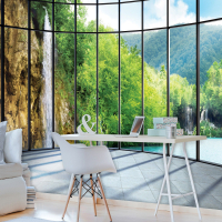 Фотообои виниловые 3D 368x254 см Водопад за большим панорамным окном (1511W8) + клей - вид 2 миниатюра