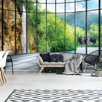 Фотообои виниловые 3D 368x254 см Водопад за большим панорамным окном (1511W8) + клей - вид 3 миниатюра