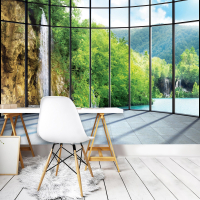 Фотообои виниловые 3D 368x254 см Водопад за большим панорамным окном (1511W8) + клей - вид 4 миниатюра