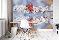 Флізелінові 3д фотошпалери у вітальню з каміном 254x184 см Відображення метелика та квітів у воді (013V4)+клей
