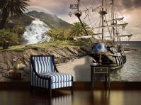 Горы флизелиновые 3Д фотообои 312x219см Детские для мальчиков Пиратский корабль причалил к острову (2050VEXXL)+клей